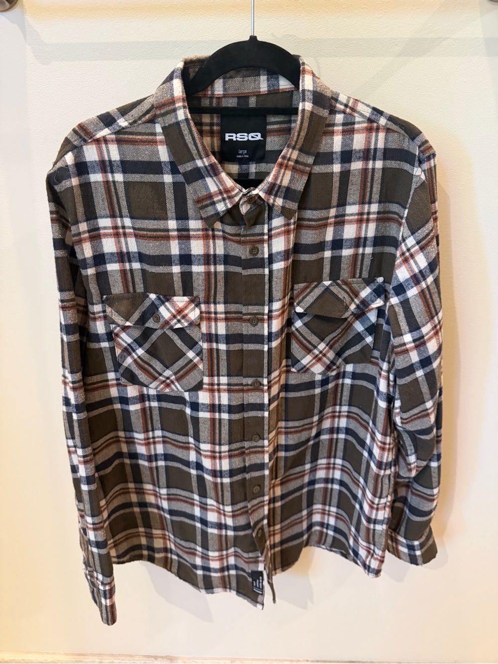RSQ Olive, White & Brown Plaid Button-Down Shirt